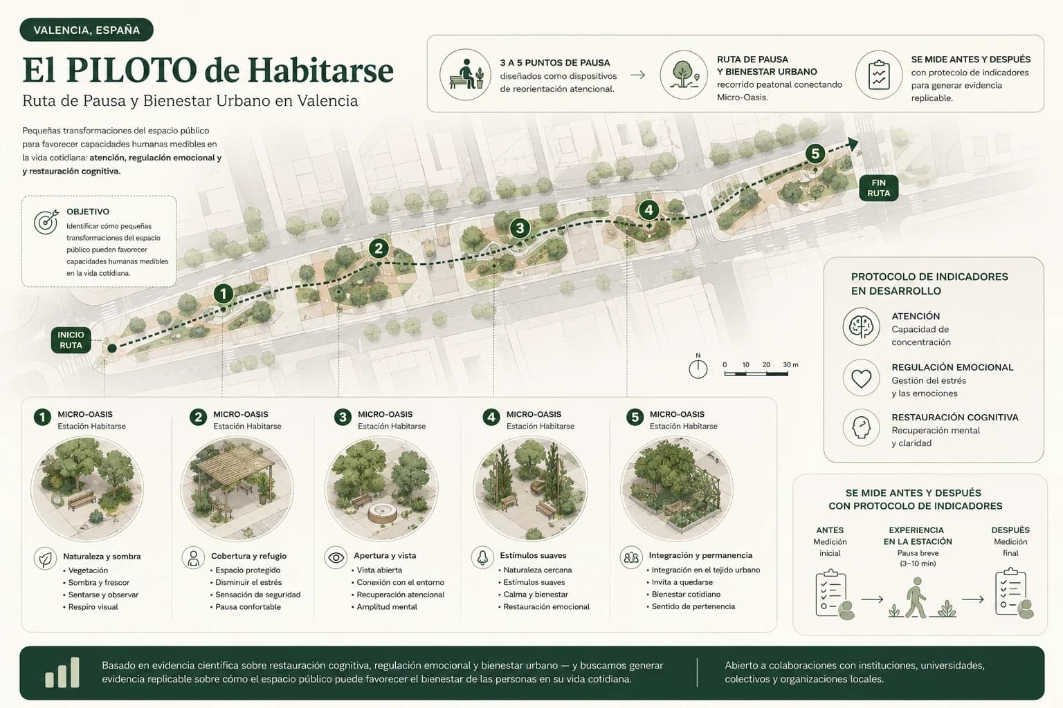 El Piloto de Habitarse en Valencia: ruta peatonal con cinco micro-oasis, protocolo de indicadores y medición antes y después.