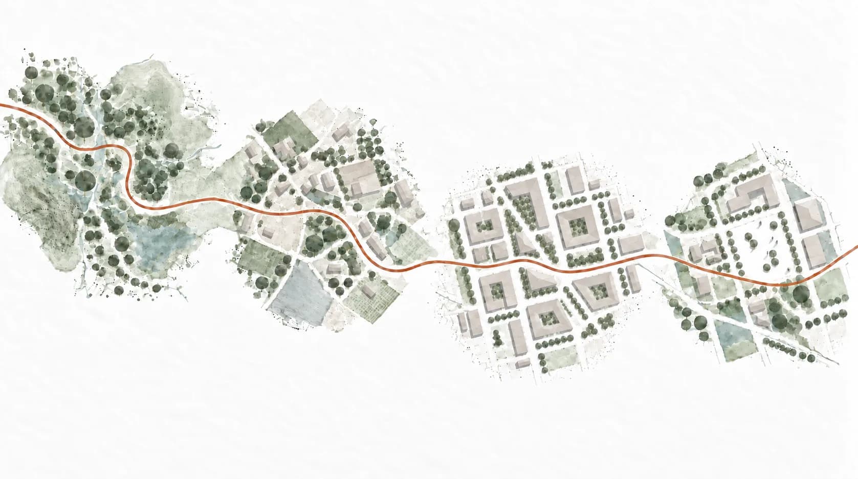 Ilustración conceptual en acuarela de cuatro entornos enlazados por una ruta: naturaleza urbana, entorno mixto, tejido construido y espacio público activo.